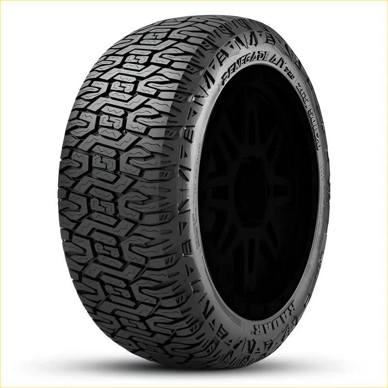 Black rubber radar renegade at pro 265 65 r18 tire with aggressive tread pattern and visible sidewall text