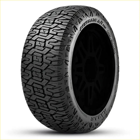 Black rubber radar renegade at pro tire with aggressive tread pattern and visible sidewall text 285/45 r22