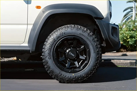 Black off-road radar renegade rt plus tire 28575r16 mounted on black alloy wheel with orbe logo at center