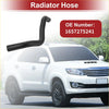 Black rubber radiator hose with curved design for 2.7l Toyota Tacoma 2005-2015 shown in front of white SUV
