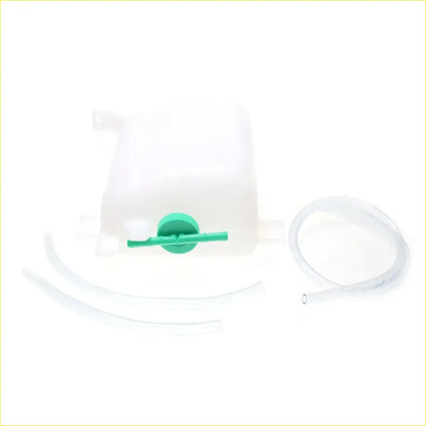 Transparent plastic radiator overflow tank with green cap valve and clear tubing for nissan d21 navara ute 1986-1997