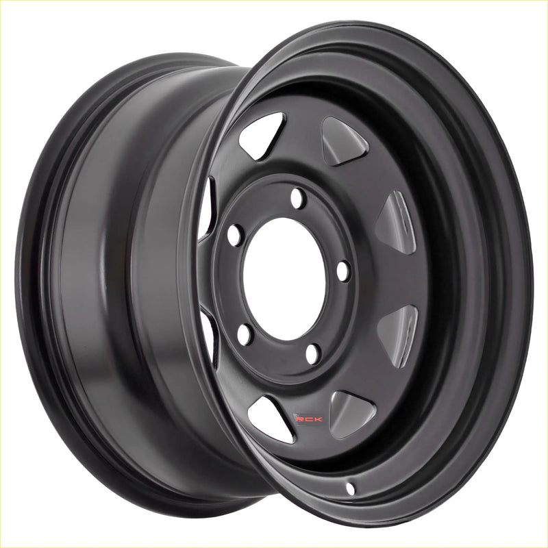 Black matte-finish steel wheel with a classic five-spoke design and red rck branding on the center cap
