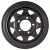 Black rck steel wheel with 8 matte black spokes and triangular cutouts designed for rugged use