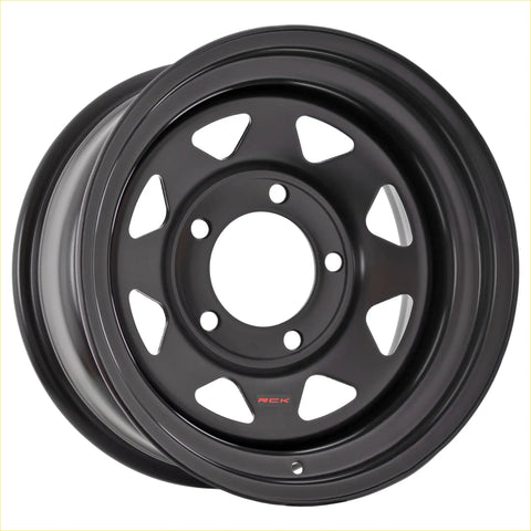 Black matte steel wheel rck steel wheel 8 spoke with rugged triangular cutouts and red rck logo center