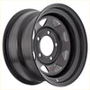 Black matte finish steel wheel with classic five spoke design and red rck logo on center cap