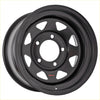 Black matte finish steel wheel with rugged 8 spoke design and red rck logo at center for tough use