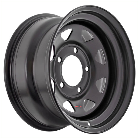 Black matte finish steel wheel with classic five spoke design and red rck branding on center cap