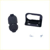 Back side of black plastic and metal rear bumper trailer tow hitch wire harness socket plug with two screws for ford ram