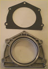 Metallic gray rear crankshaft oil seal for defender discovery with black rubber gasket and five mounting holes shown from back side