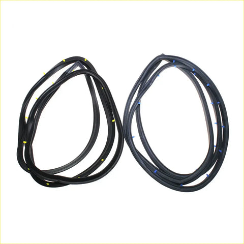 Rear door weatherstrip seals x2 made of black rubber with yellow and blue tabs for mazda familia 323 glc 1980-1985