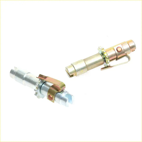 Two metallic quick-connect couplings in silver and brass colors for rear drum brake shoes adjuster set toyota hilux