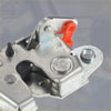 Silver metal rear liftgate door lock actuator for Toyota Tacoma with orange plastic handle and black rubber parts