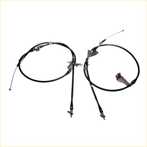 Black rear parking brake cables with metallic connectors for Nissan Navara D22 YD25DDTi 1997-2004 shown from the back
