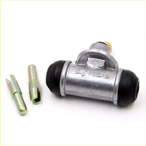 Silver metal rear wheel brake cylinder with black rubber caps and assab logo for nissan 720 d21 navara with tools
