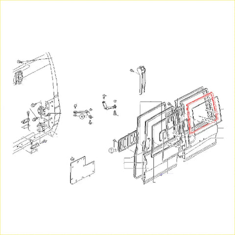 Red-framed rectangular rear window weatherstrip panel for nissan patrol safari 1980-1986 exploded view diagram