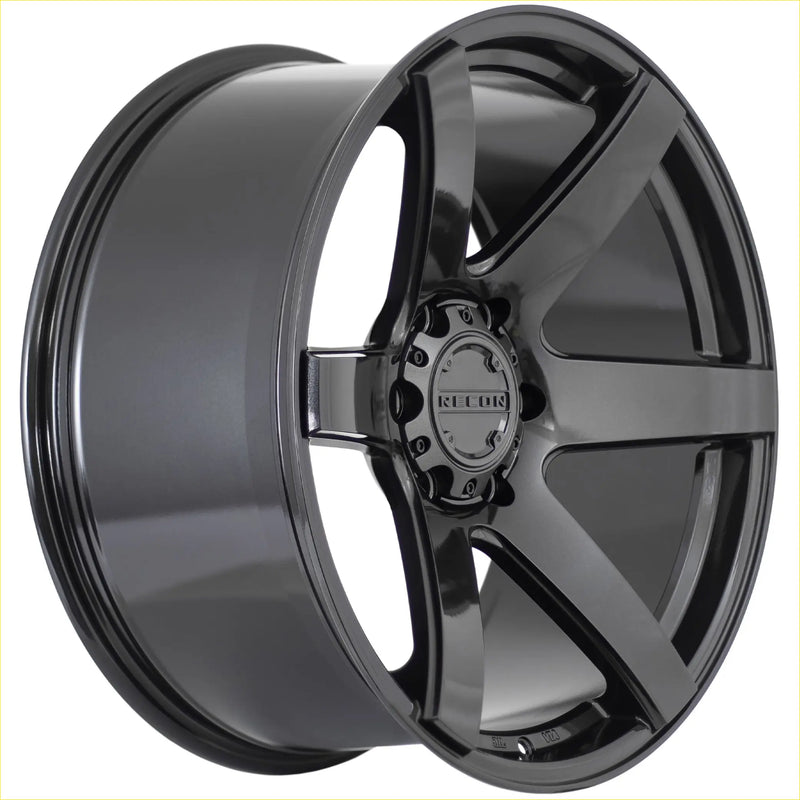 Black gloss finished five spoke alloy wheel with recor branded hubcap from recon delta gloss black gunmetallic series