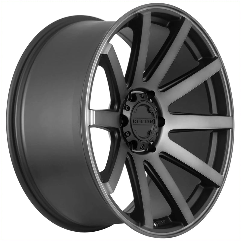 Black and silver two-tone recon force alloy wheel with matt black and dark grey tint multi-spoke design