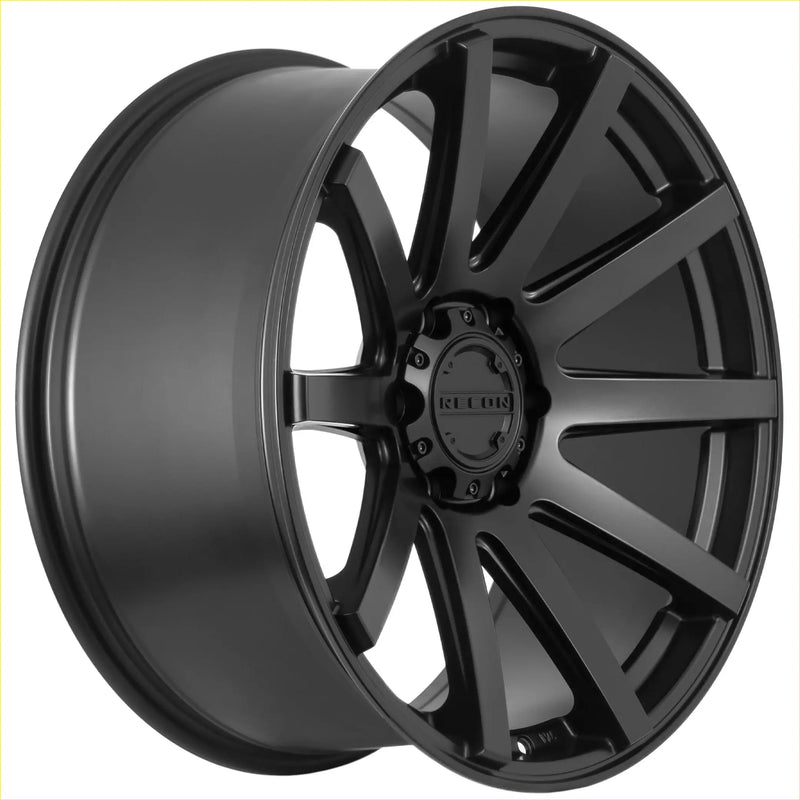 Black matte finished alloy wheel with multi spoke design and kelly logo center from recon force matt black series