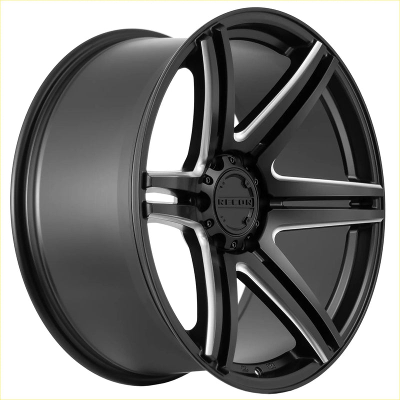 Black matte finished alloy wheel recon striker with sleek multi spoke design and silver milled accents