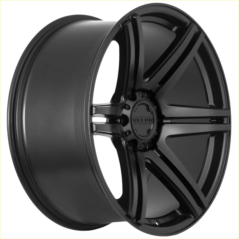 Black matte alloy wheel with five-spoke design and kitor branding on center cap recon striker matt black model