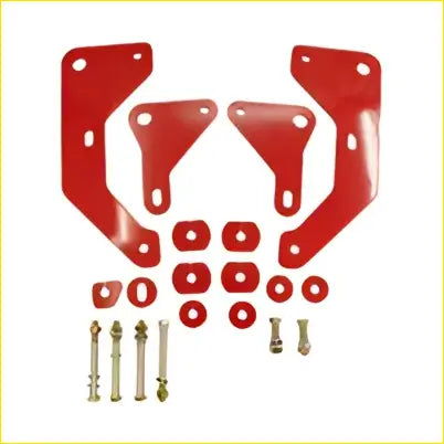 Red metal recovery tow point mounting brackets with matching red rubber grommets and silver bolts for ford ranger px and mazda bt50