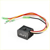 Black rectangular rectifier for nissan outboard motor with heat sinks and multi colored wires connected