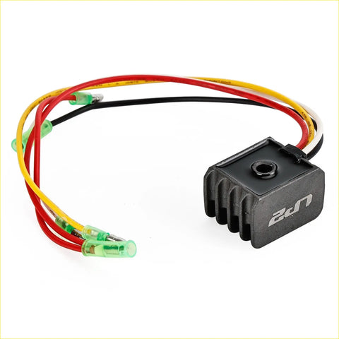 Black rectangular voltage regulator with heat sinks and multicolored wires for nissan outboard motor rectifier
