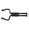 Black metal exhaust manifold with dual pipes and mounting brackets shown from the back for redback 2 1/4 dual exhaust