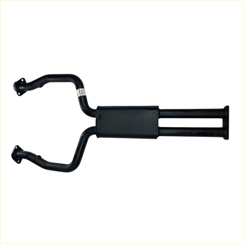 Black metal exhaust manifold with dual pipes and brackets shown from the back for redback 225 inch centre muffler