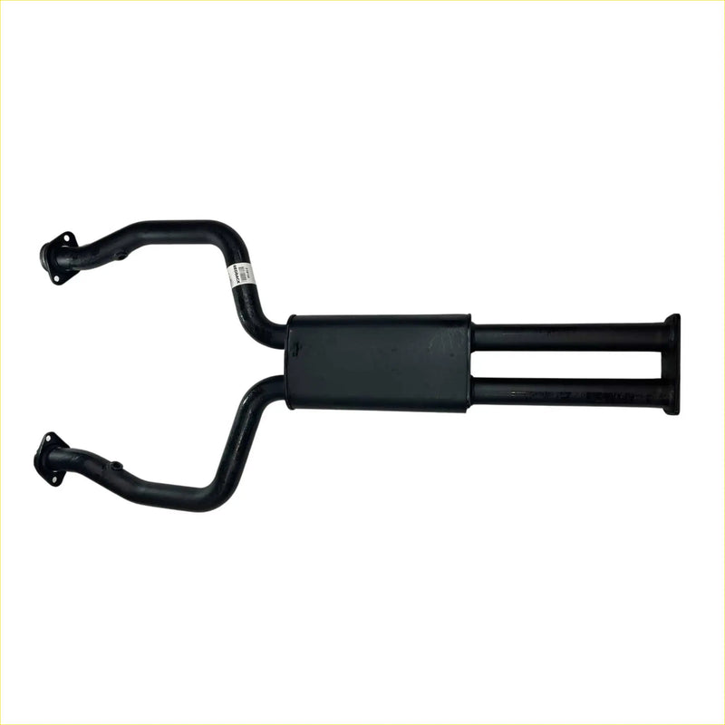 Black metal exhaust manifold with dual pipes and brackets shown from the back for redback 225 inch centre muffler