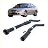 Black exhaust manifold system shown from the back for silver holden sedan in redback 25 inch catback exhaust system