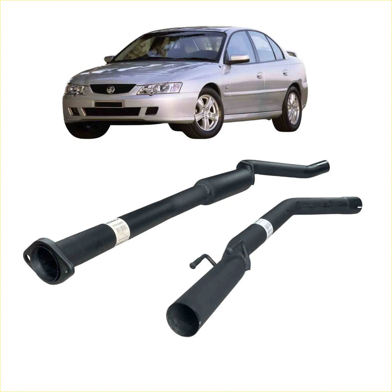 Black exhaust manifold system shown from the back for silver holden sedan in redback 25 inch catback exhaust system