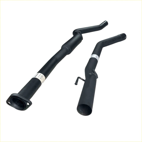 Black metal redback 2.5 inch catback exhaust pipes with curved ends and flanged connections for holden commodore back side