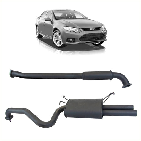 Black redback 2.5 inch catback exhaust with hotdog centre and dual outlet rear pipes shown from back side