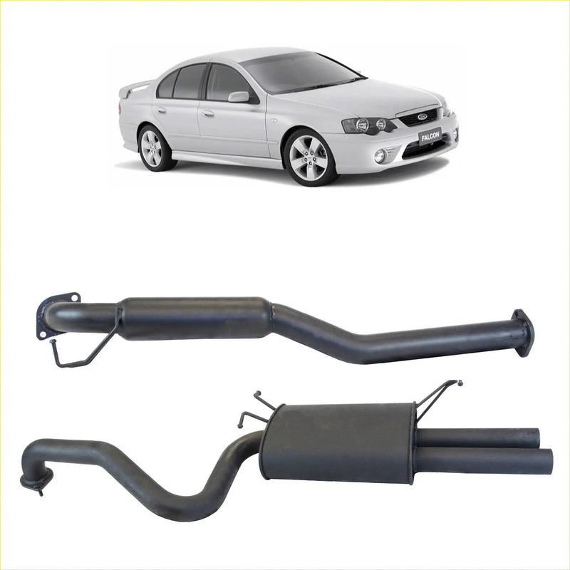 Black redback 2.5 inch catback exhaust with hotdog centre and dual outlet rear on silver ford falcon sedan back side