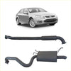 Black redback 2.5 inch catback exhaust with hotdog centre and single outlet shown from the back on a ford sedan