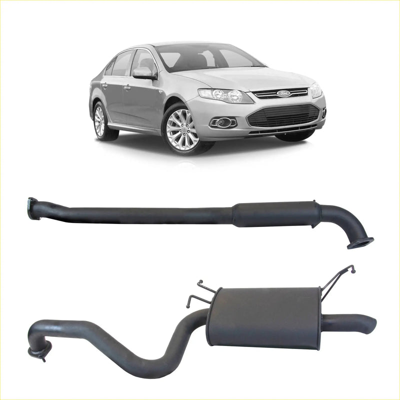 Black redback 2.5 inch catback exhaust with hotdog centre and single outlet shown from the back on a ford sedan