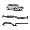 Silver ford falcon sedan shown with black redback 25 inch catback exhaust featuring hotdog centre and single outlet below