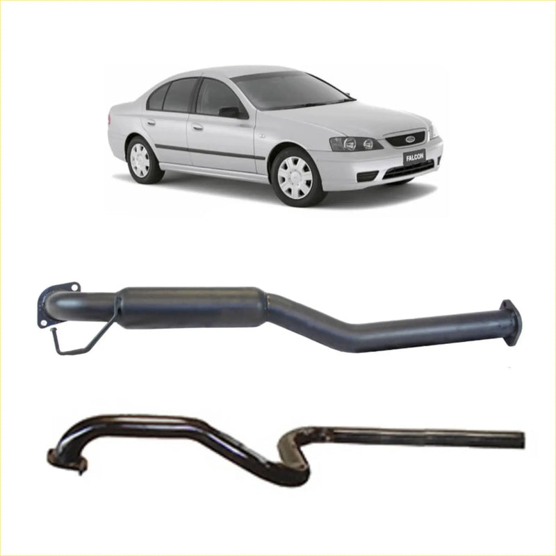 Silver ford falcon sedan shown with black redback 25 inch catback exhaust featuring hotdog centre and single outlet below