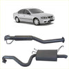 Black Redback 2.5 inch catback exhaust system with hotdog centre and single outlet for Ford Falcon sedan back view