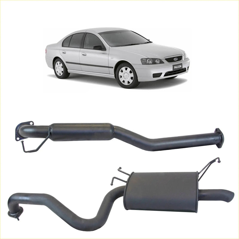 Black Redback 2.5 inch catback exhaust system with hotdog centre and single outlet for Ford Falcon sedan back view