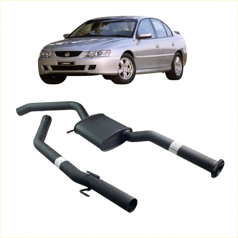 Black redback 2.5 inch catback exhaust with rear muffler delete shown from back for silver holden lumina sedan
