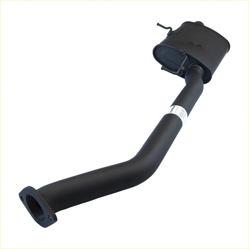 Black metal redback 2.5 inch centre muffler assembly with curved pipe and rectangular muffler for holden vg vn vp vr ute back view