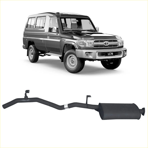 Black aftermarket redback 2.5 inch exhaust system with muffler for toyota land cruiser lc78 79 series 1hz seen from back