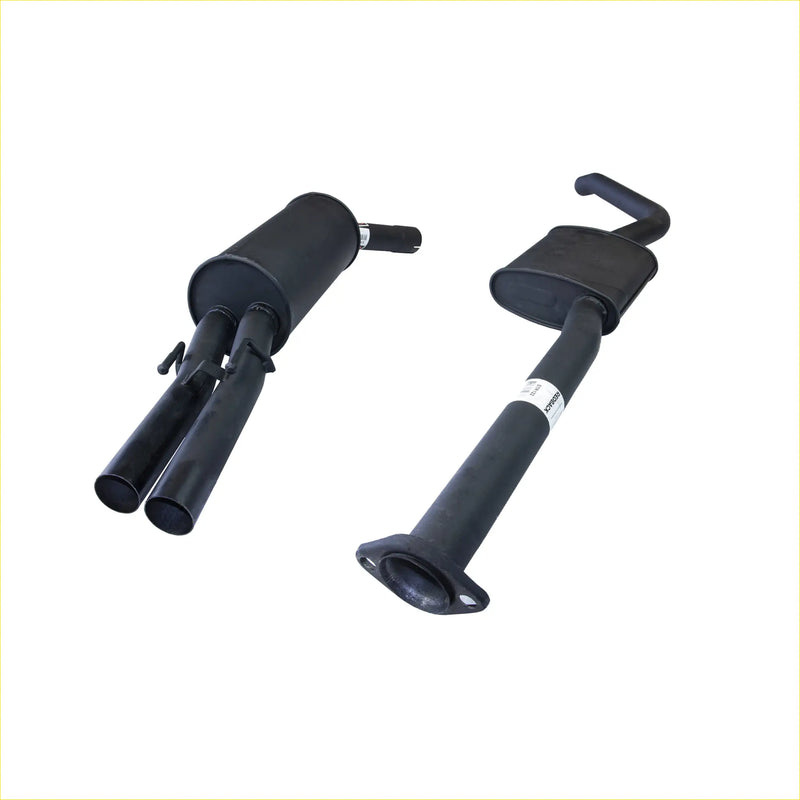 Black matte finish redback 2.5 inch dual exhaust with curved pipes for holden commodore sedan backside view