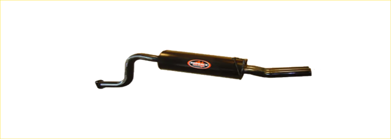 Black cylindrical redback 2.5 inch rear muffler with curved tailpipe and red logo for ford falcon ba bf ute back side