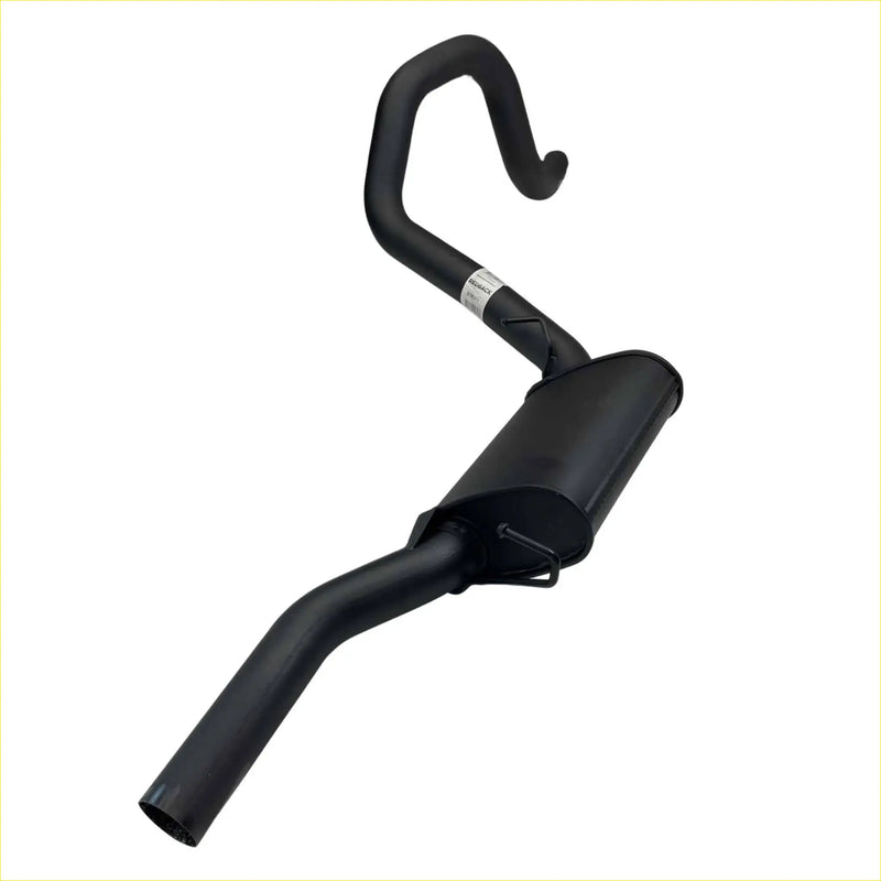 Black metal redback 2.5 inch rear muffler for ford falcon ea eb ed el ef au sedan with curved hook top shown from back