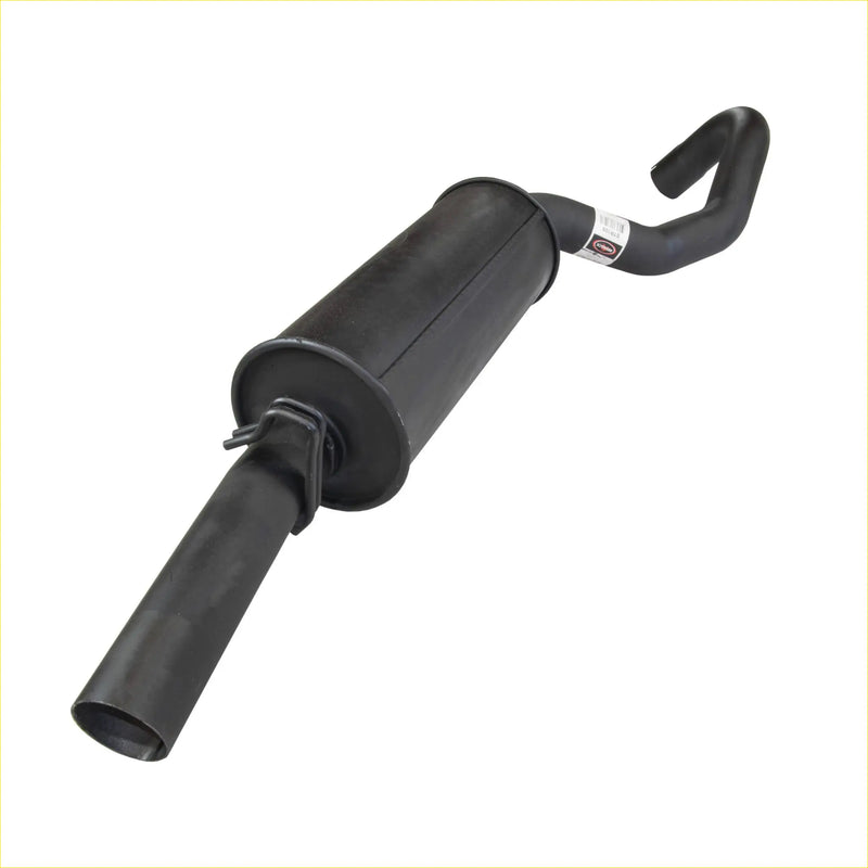 Black metal redback 2.5 inch tail pipe with muffler showing curved end and straight pipe for holden commodore ute back side