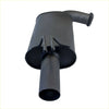 Backside view of black metal redback 3 inch dual exhaust muffler with cylindrical body and two pipes for holden commodore