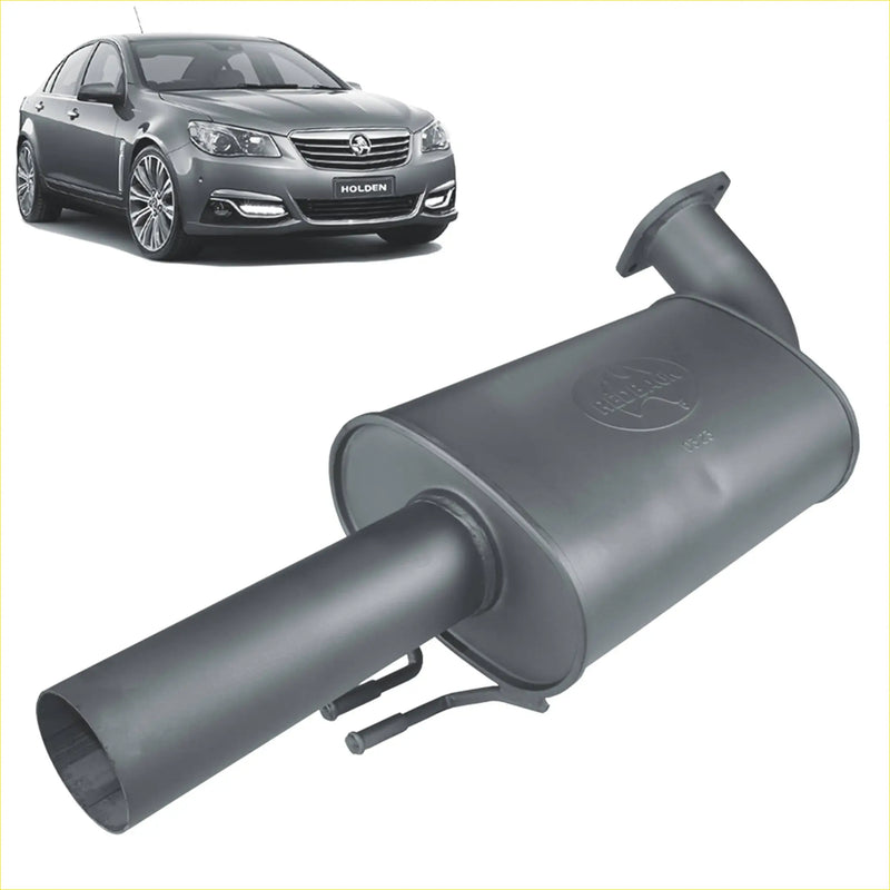 Black cylindrical redback 3 inch rear muffler for holden commodore ve vf passenger side with embossed branding seen from back